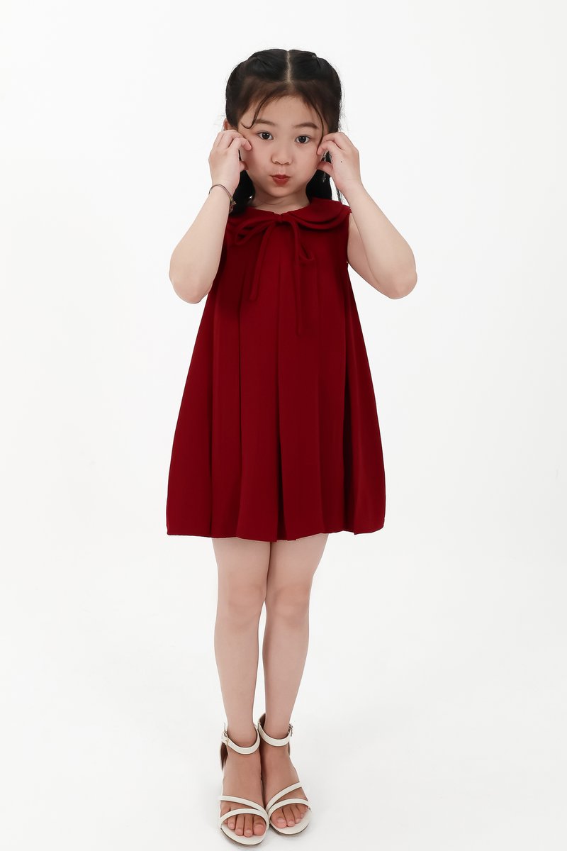 CNY2026 | Pleated Girl Dress in Dark Red