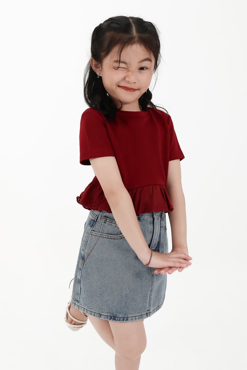 CNY2026 | Casual Girl Eyelet Hem Tee in Dark Red