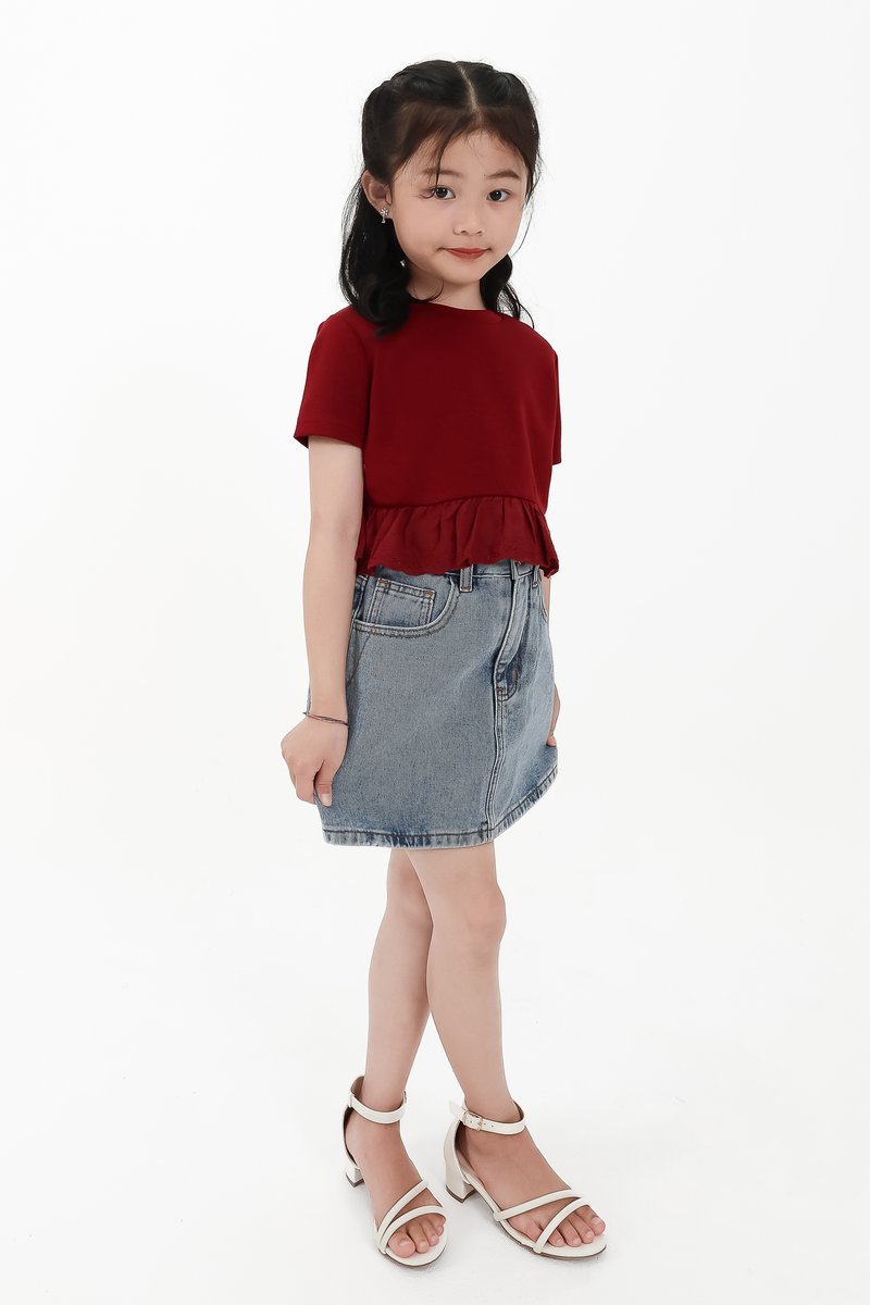 CNY2026 | Casual Girl Eyelet Hem Tee in Dark Red