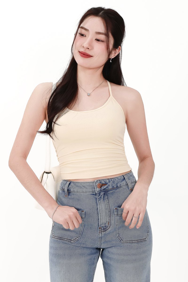 Rena Ruched Halter Top in Pale Yellow