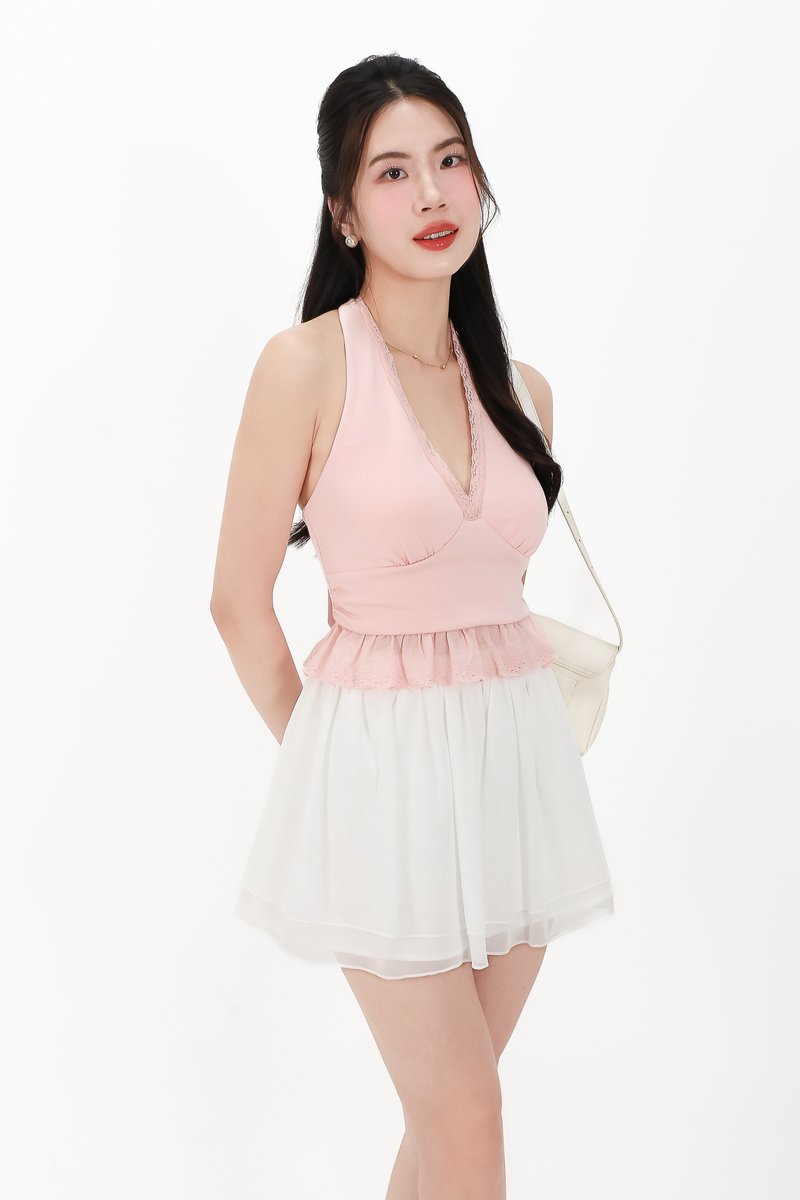 CNY2026 | Casual Women Halter Eyelet Hem Top in Light Pink