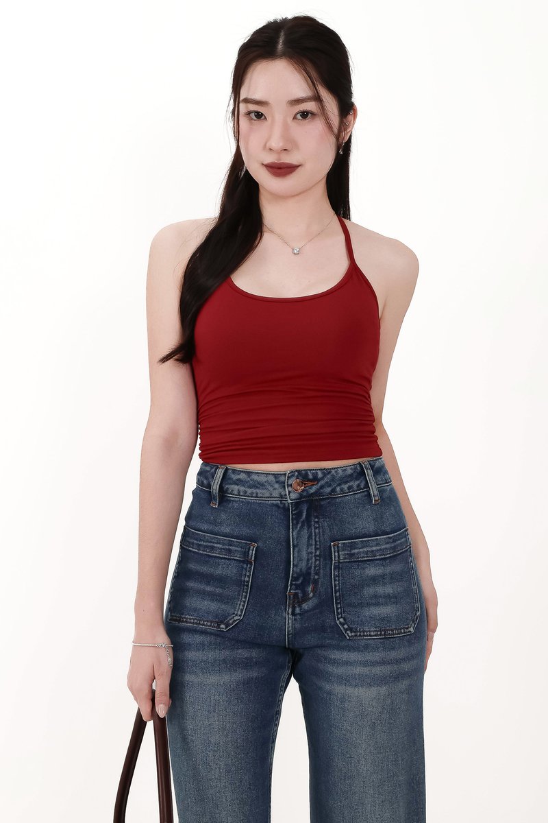 Rena Ruched Halter Top in Red