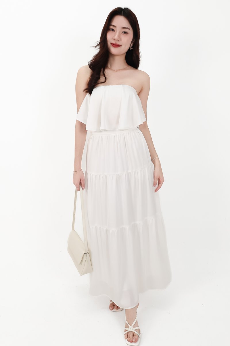 DEFECT | Serena Satin Tiered Maxi Skirt in White ( Regular Length ) in S