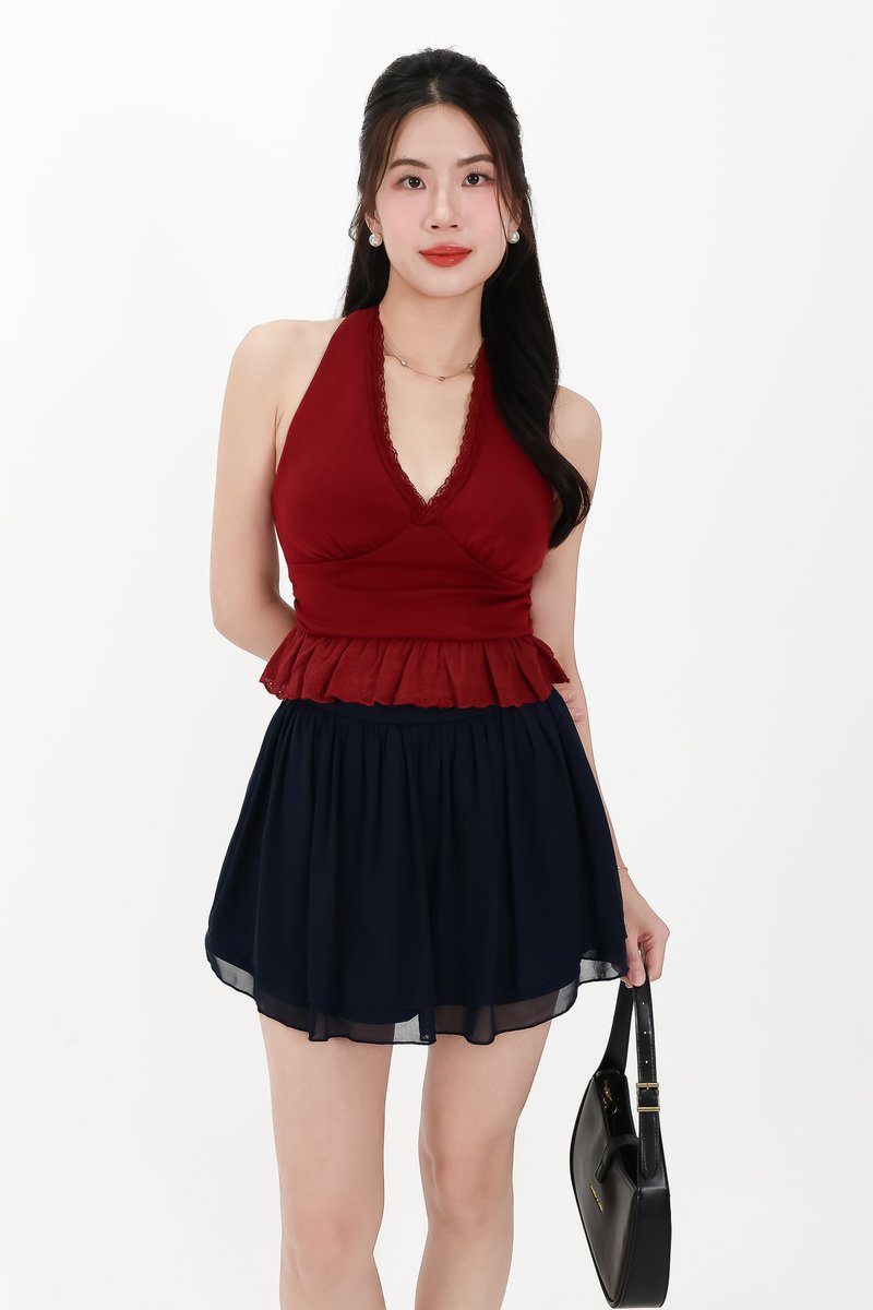 CNY2026 | Casual Women Halter Eyelet Hem Top in Dark Red