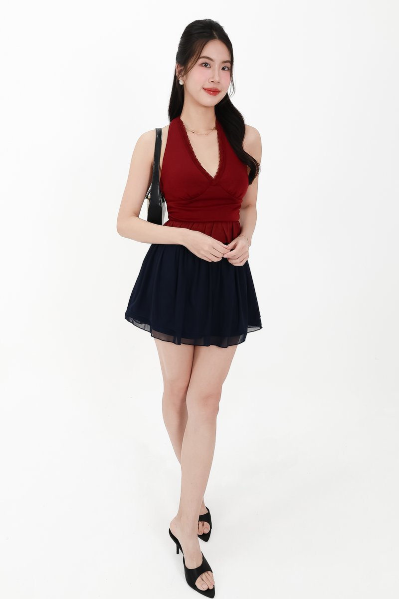 CNY2026 | Casual Women Halter Eyelet Hem Top in Dark Red