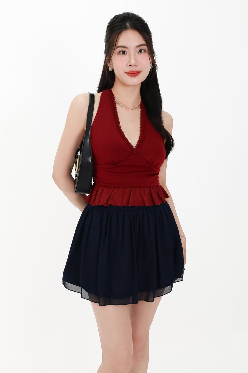 CNY2026 | Casual Women Halter Eyelet Hem Top in Dark Red