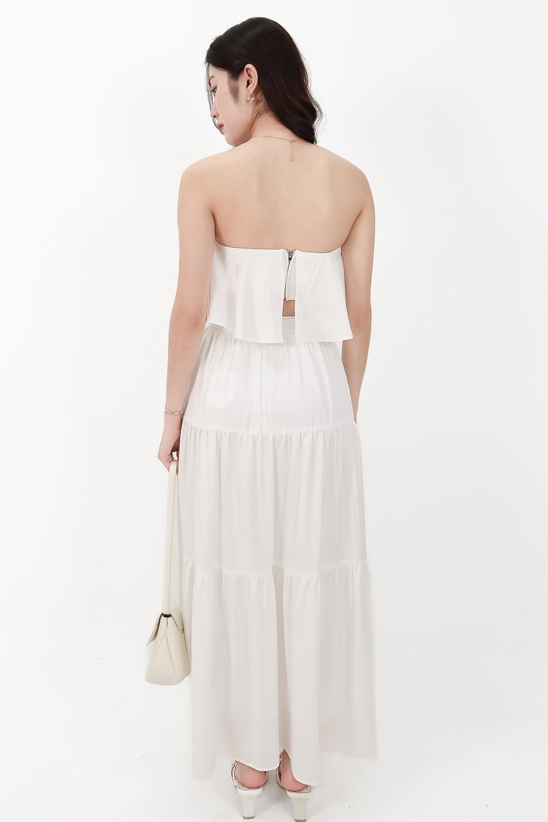 DEFECT | Serena Satin Tiered Maxi Skirt in White ( Regular Length ) in S