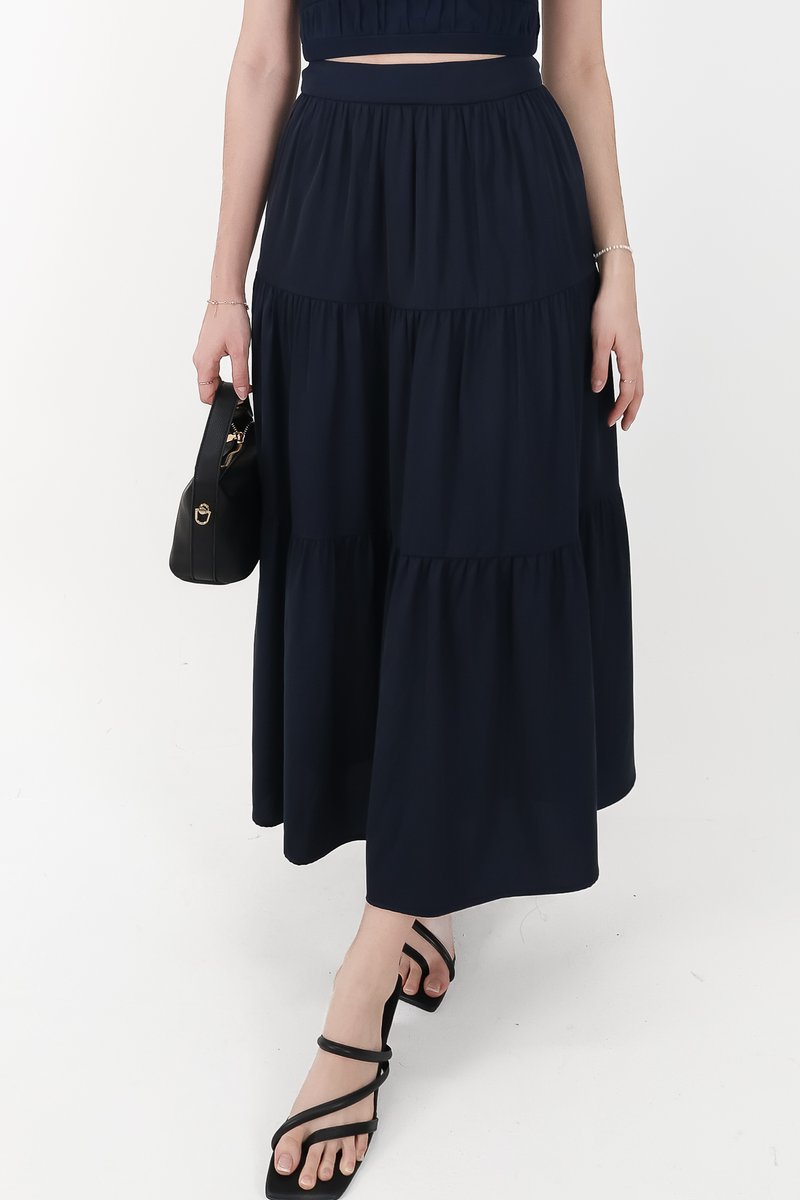 CNY2026 | Serena Satin Tiered Maxi Skirt in Midnight ( Petite Length )