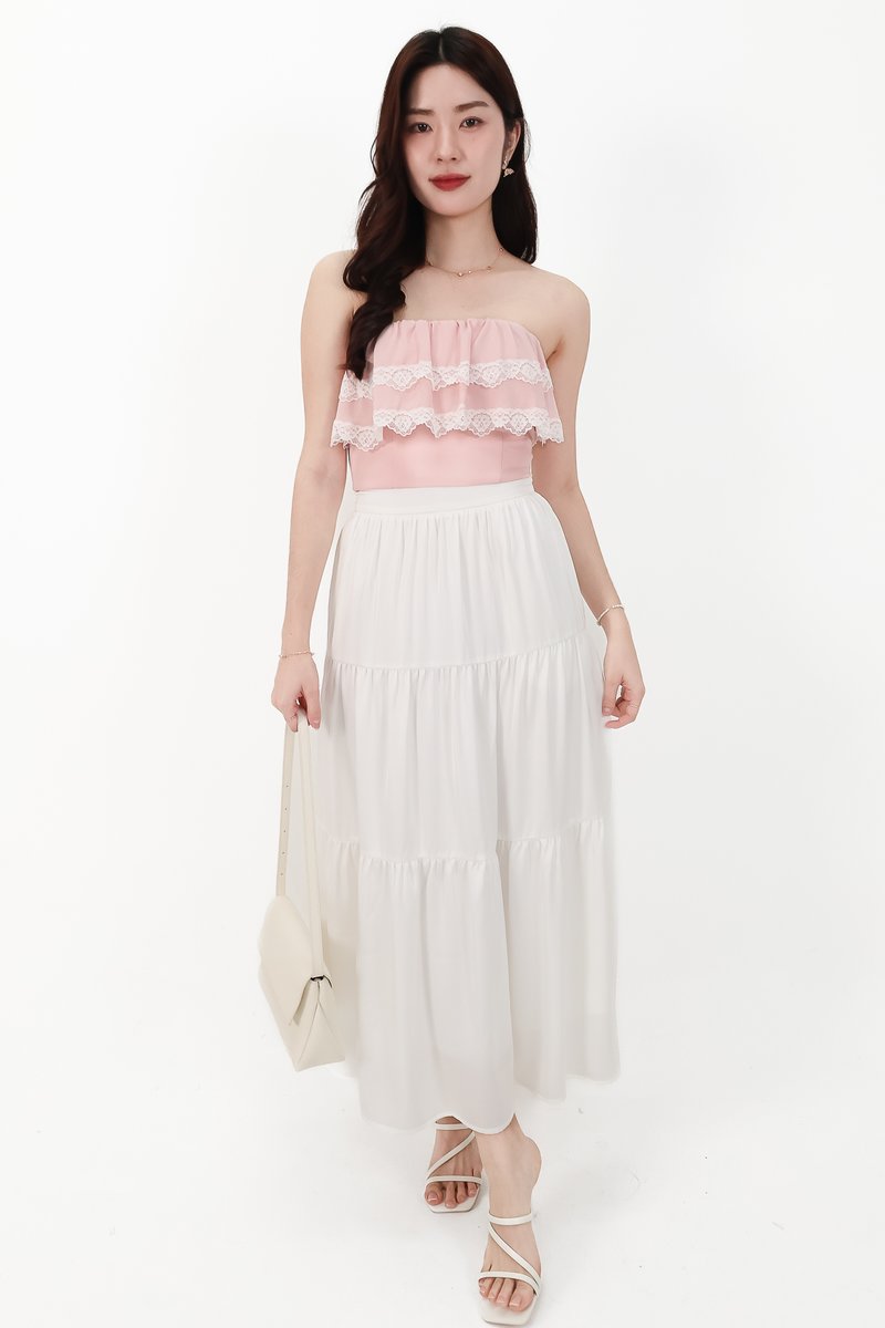 CNY2026 | Serena Satin Tiered Maxi Skirt in White ( Petite Length )