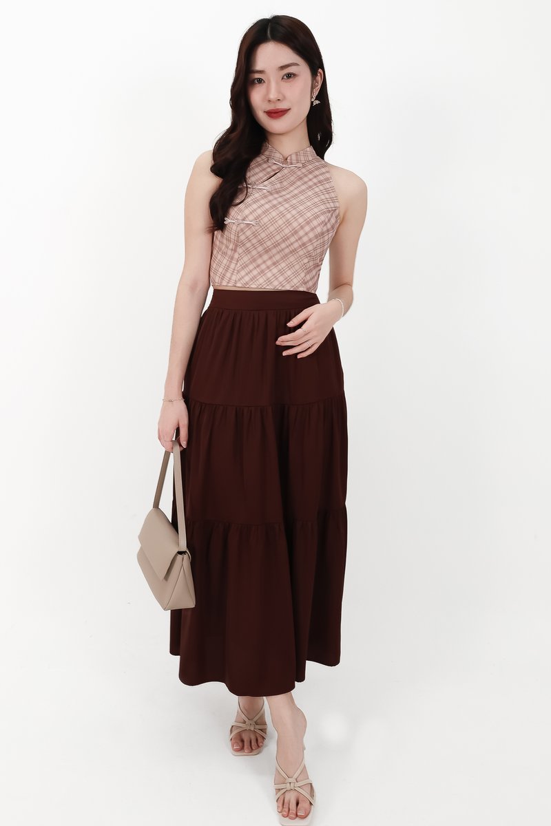 CNY2026 | Serena Satin Tiered Maxi Skirt in Dark Brown ( Petite Length )