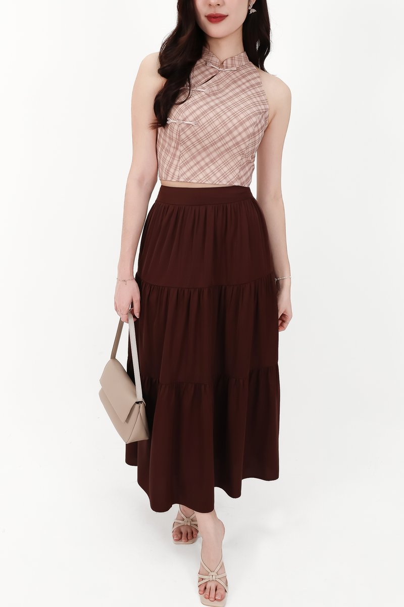 CNY2026 | Serena Satin Tiered Maxi Skirt in Dark Brown ( Petite Length )