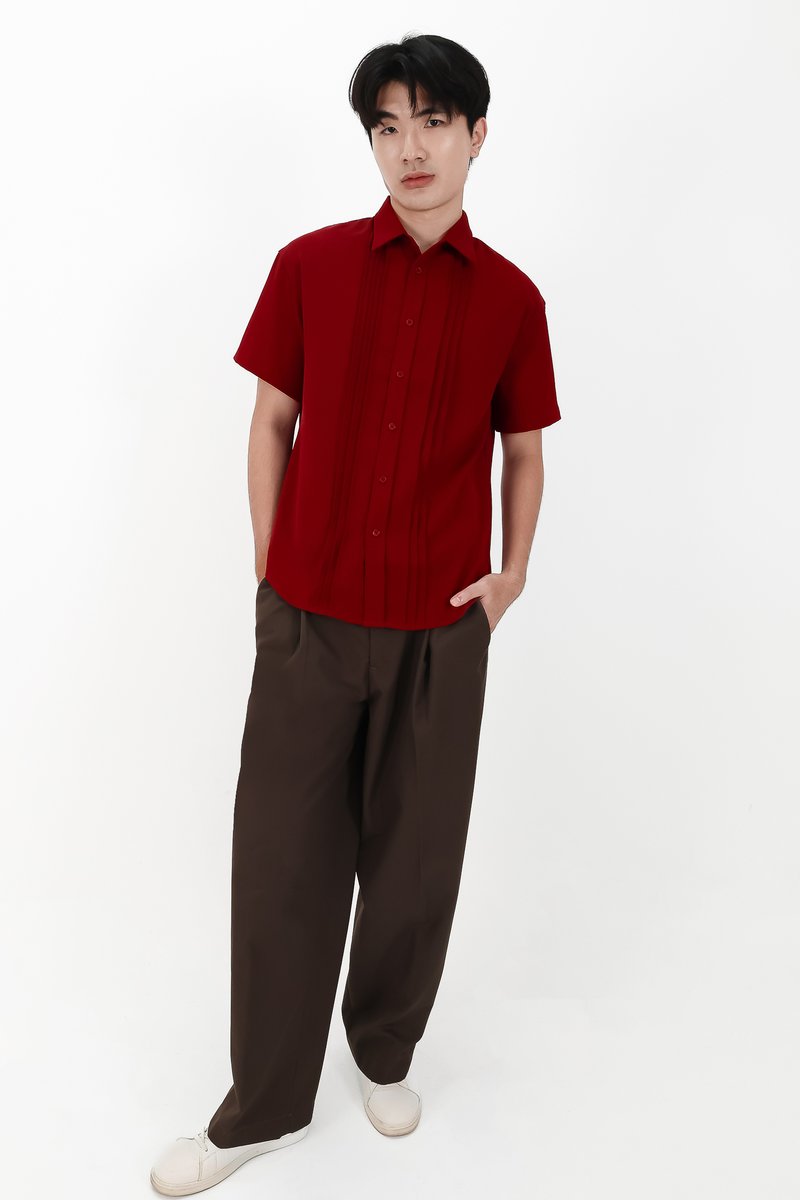 CNY2026 | Pleated Men Shirt in Dark Red