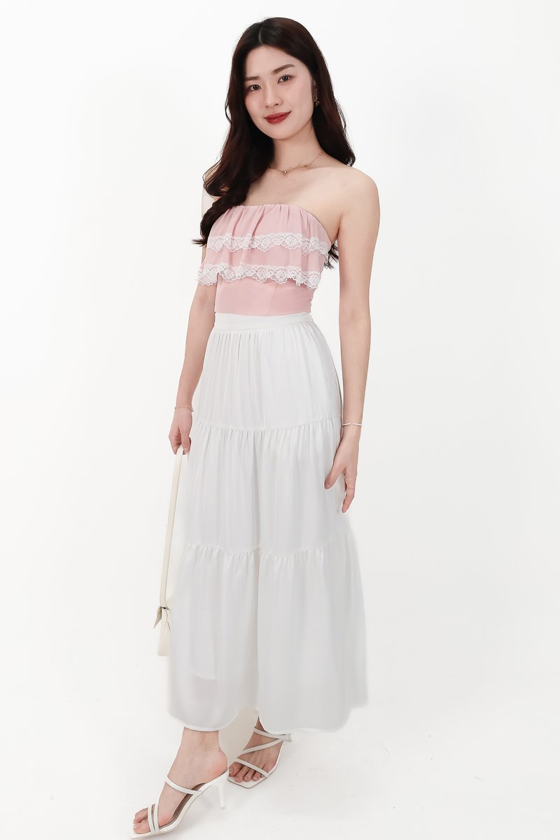 CNY2026 | Serena Satin Tiered Maxi Skirt in White ( Petite Length )