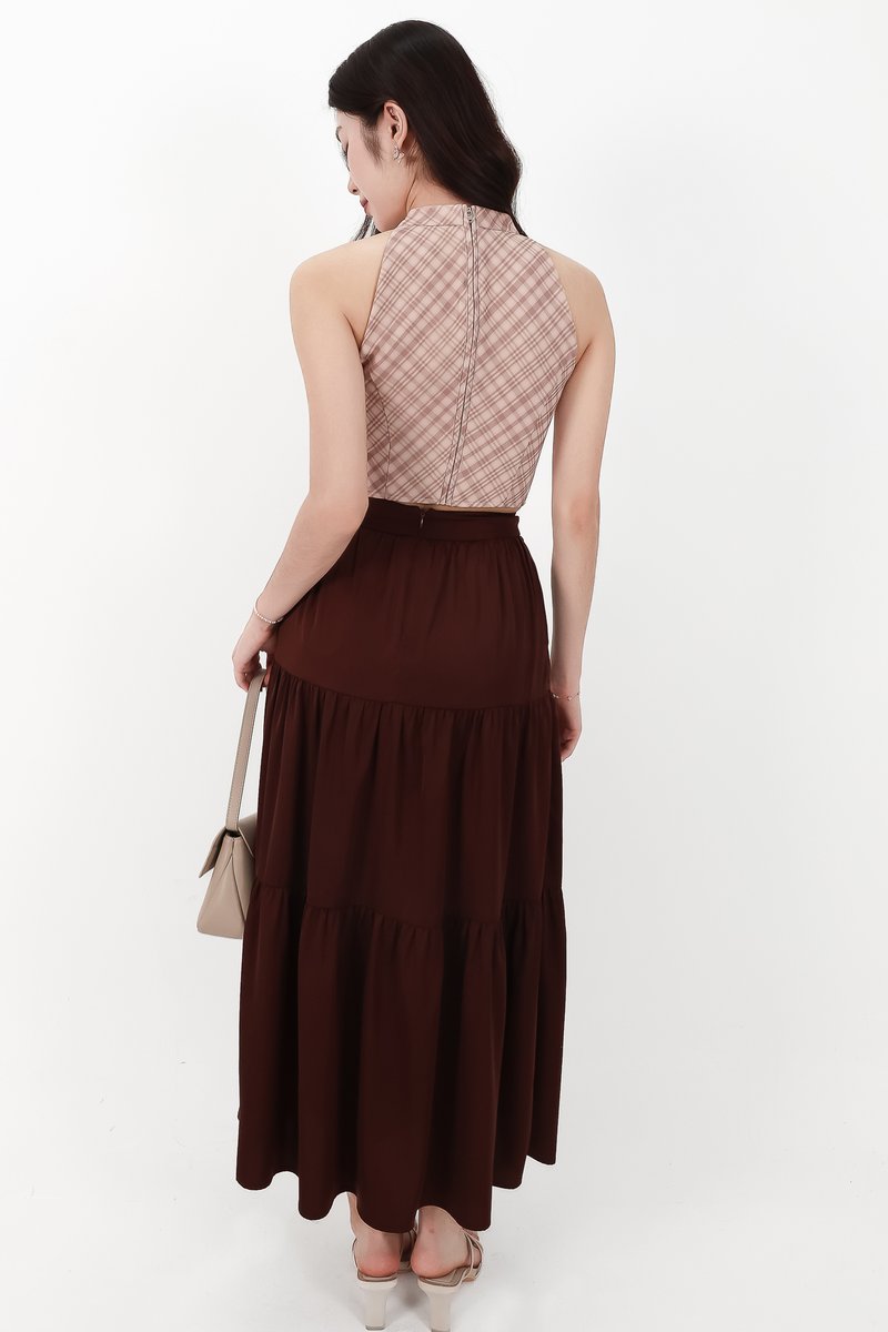 CNY2026 | Serena Satin Tiered Maxi Skirt in Dark Brown ( Petite Length )
