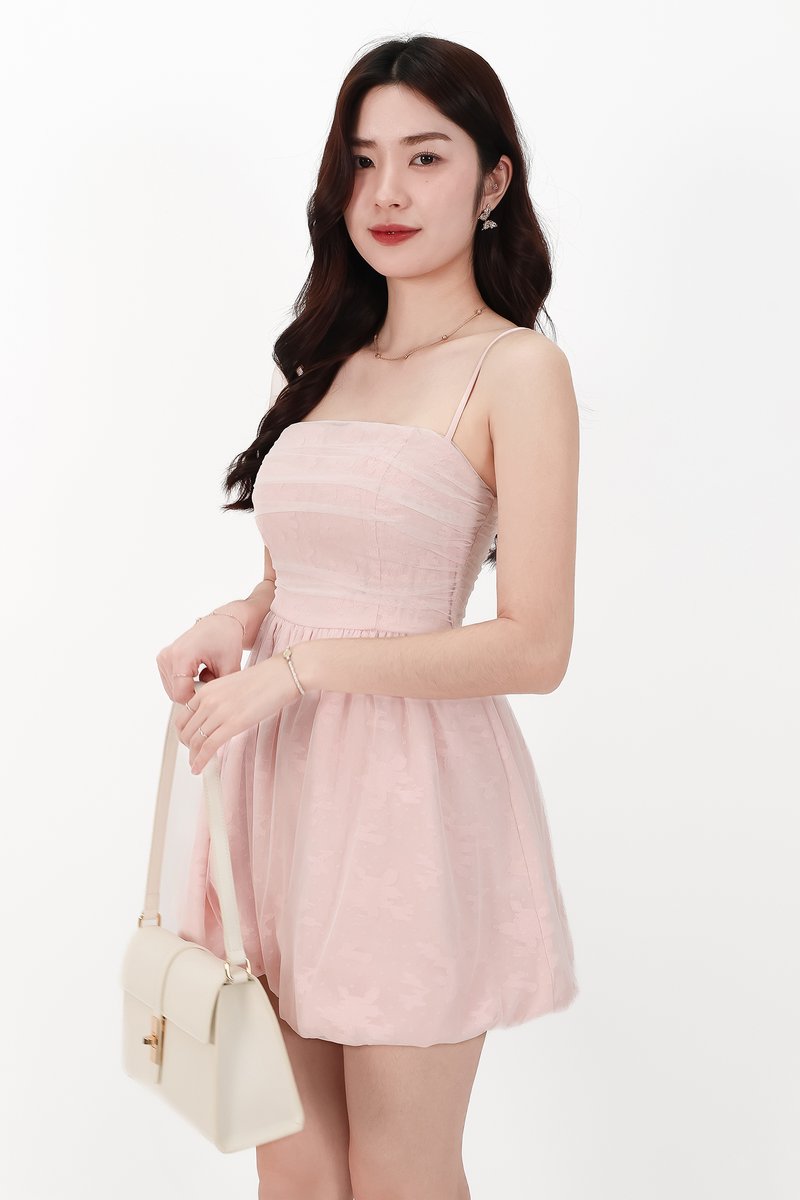 CNY2026 | Mavis Mesh Floral Bubble Romper Dress in Light Pink