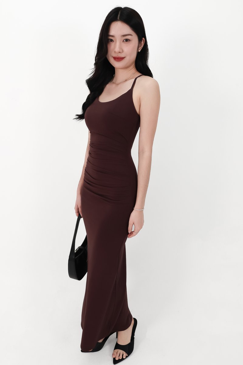 DEFECT | Calina Cross Back Maxi Dress in Dark Brown in XXS