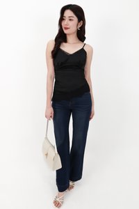 Avery Asymmetrical Lace Trim Top in Black