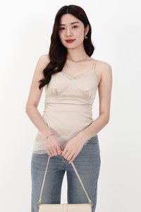 Avery Asymmetrical Lace Trim Top in Light Champagne