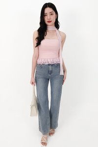 Molly Mesh Peplum Top with Sash in Light Pink