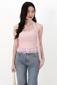 Molly Mesh Peplum Top with Sash in Light Pink