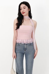 Molly Mesh Peplum Top with Sash in Light Pink