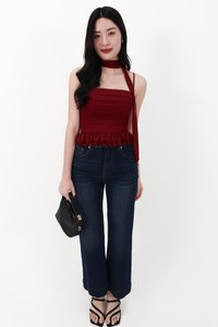 Molly Mesh Peplum Top with Sash in Dark Red