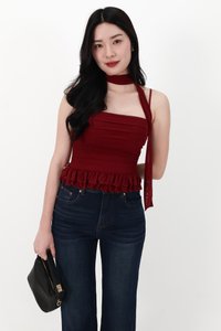 Molly Mesh Peplum Top with Sash in Dark Red