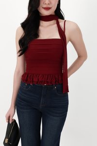 Molly Mesh Peplum Top with Sash in Dark Red