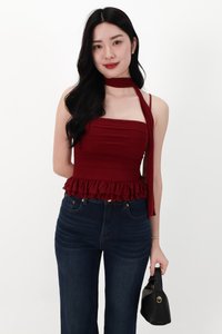 Molly Mesh Peplum Top with Sash in Dark Red