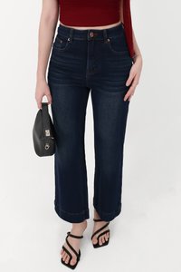 Sam Straight Cut Cuffed Hem Denim Jeans in Very Dark Wash