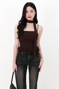 Molly Mesh Peplum Top with Sash in Dark Brown