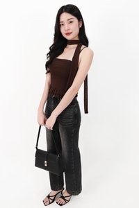 Molly Mesh Peplum Top with Sash in Dark Brown