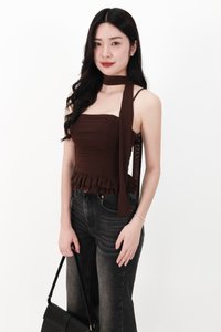 Molly Mesh Peplum Top with Sash in Dark Brown