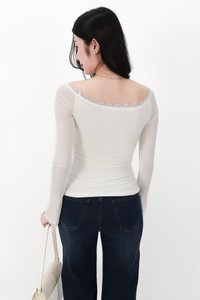 Lessie Lace Trim Long Sleeve Top in White