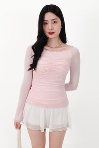 Lessie Lace Trim Long Sleeve Top in Light Pink