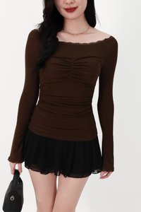 Lessie Lace Trim Long Sleeve Top in Dark Brown