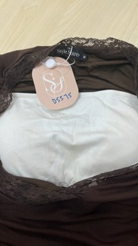 DEFECT | Lilah Lace Trim Layered Sleeved Top in Dark Brown x White in M