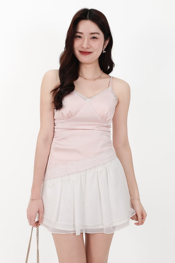 DEFECT | Avery Asymmetrical Lace Trim Top in Light Pink in S