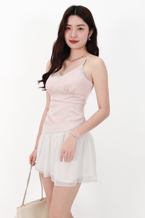 Avery Asymmetrical Lace Trim Top in Light Pink