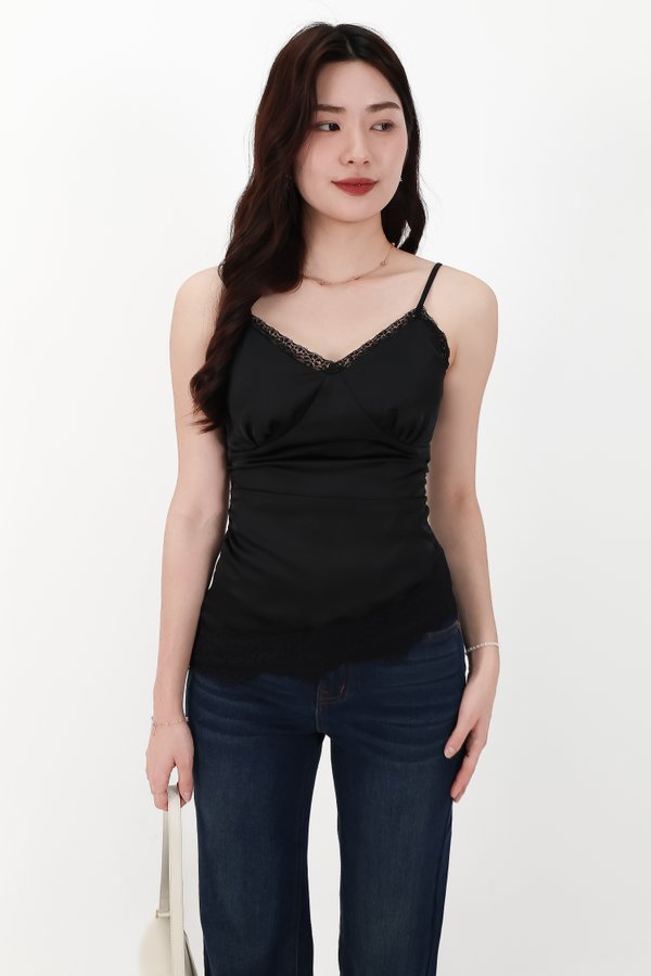 Avery Asymmetrical Lace Trim Top in Black