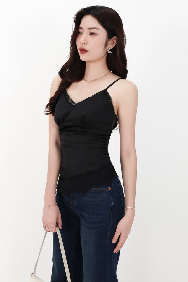 Avery Asymmetrical Lace Trim Top in Black