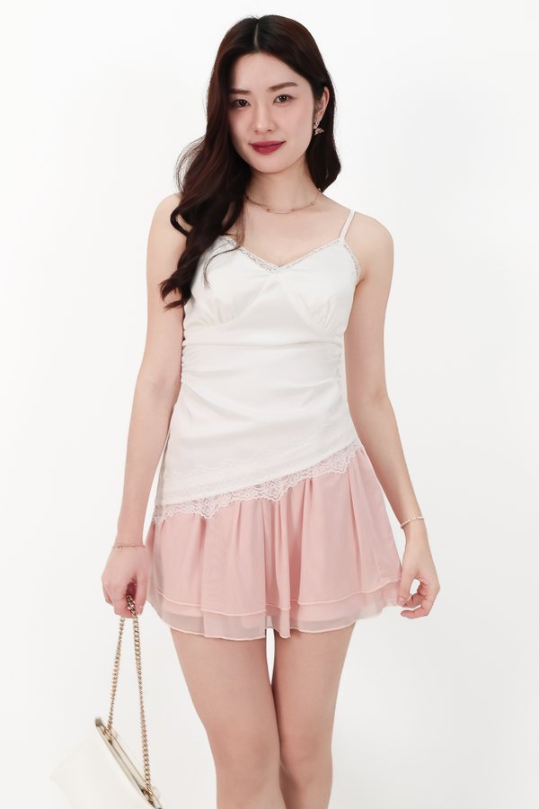 Avery Asymmetrical Lace Trim Top in White