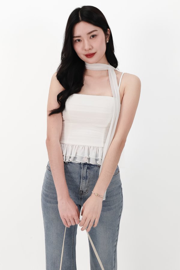 Molly Mesh Peplum Top with Sash in White