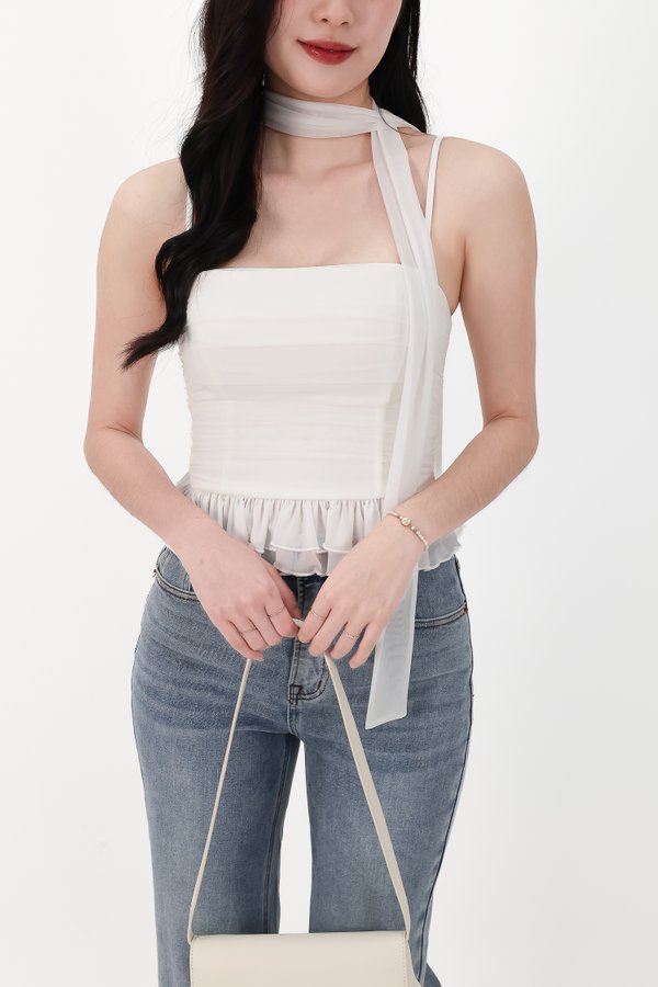 Molly Mesh Peplum Top with Sash in White