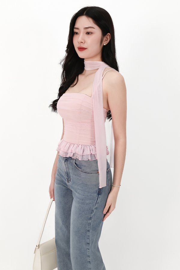 Molly Mesh Peplum Top with Sash in Light Pink