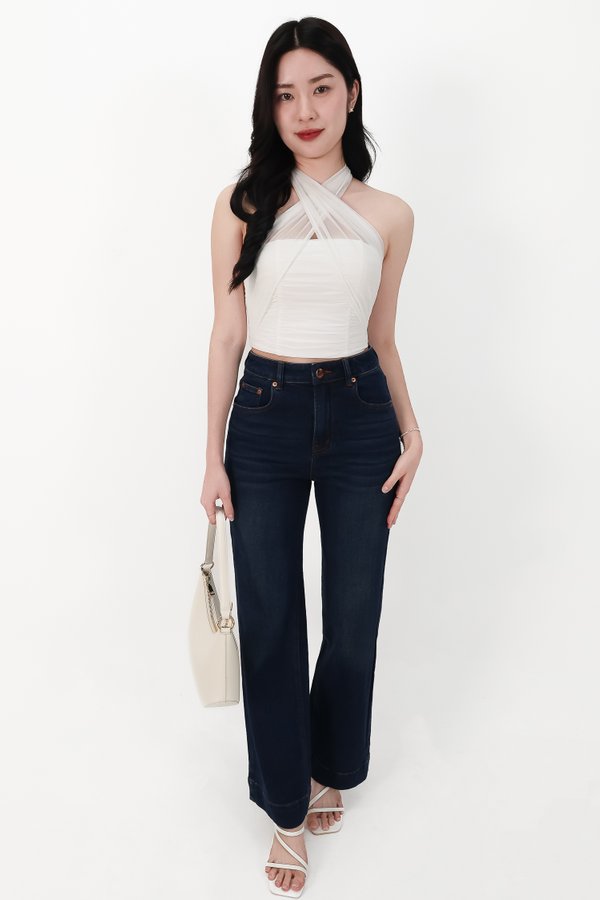 Sam Straight Cut Cuffed Hem Denim Jeans in Very Dark Wash