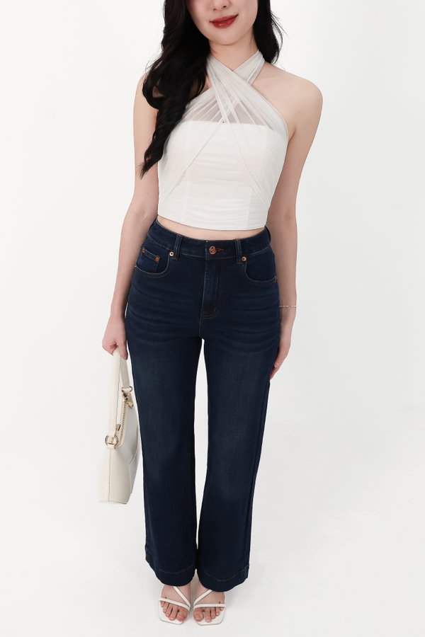 Sam Straight Cut Cuffed Hem Denim Jeans in Very Dark Wash