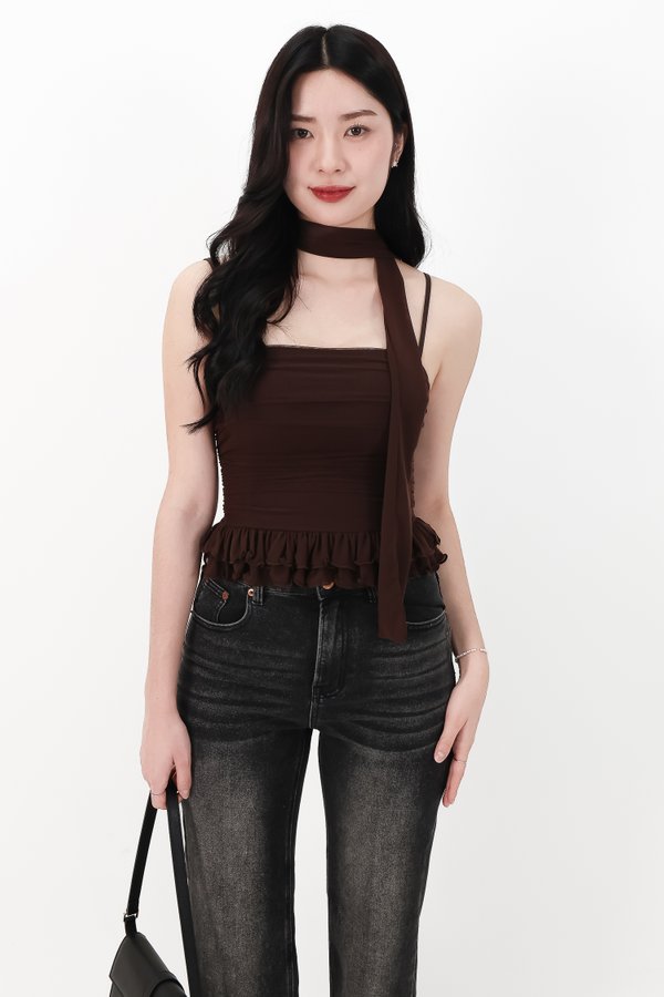 Molly Mesh Peplum Top with Sash in Dark Brown