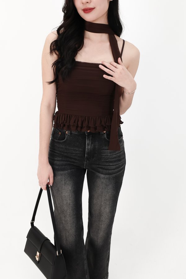 Molly Mesh Peplum Top with Sash in Dark Brown