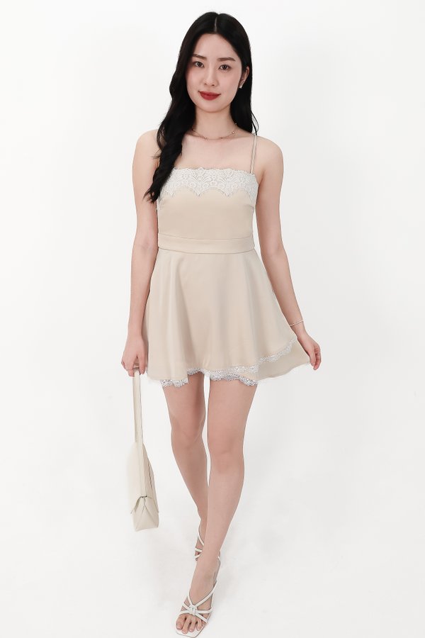 SALE EXCLUSIVE | Lindsie Lace Trim Romper Dress in Champagne